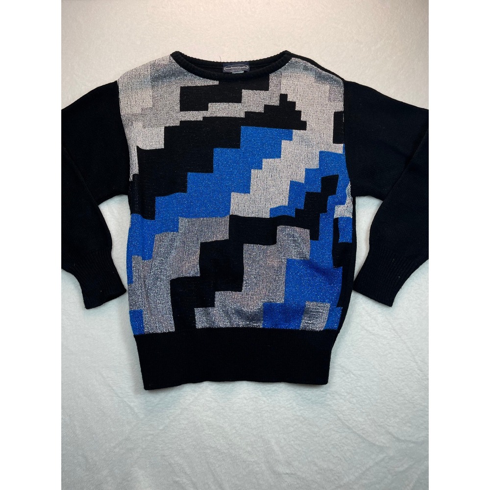 Y2K Mademoiselle Sweater M Black Blue Silver Metallic Geo Retro‎ 80's Party VTG